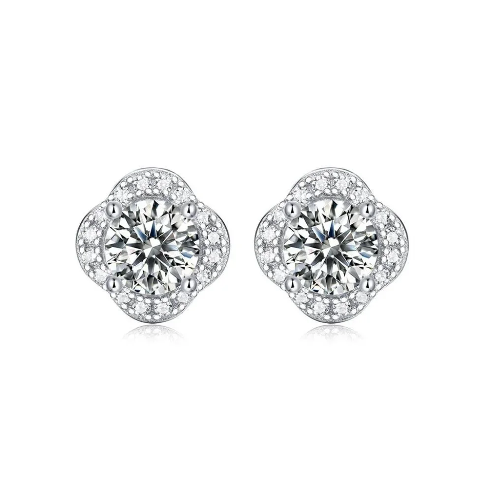 Certified 1ct. t.w. Moissanite Diamond Clover Halo Stud Earrings NEW